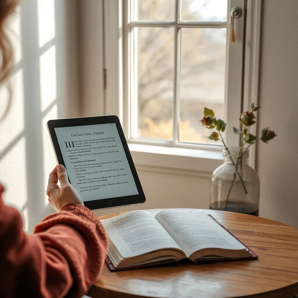 Person at a desk using a tablet with interactive story elements while reading beside an open book