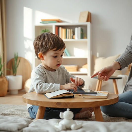 Child using a tablet at a table while a parent helps choose a digital book