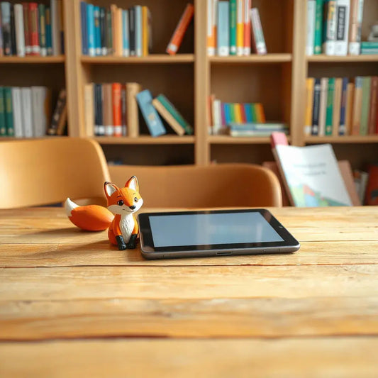 A friendly fox figurine and open e-book tablet on a cozy kids library table