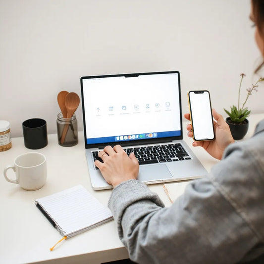 Beginner at a home desk using laptop and phone with simple AI-style assistant icons