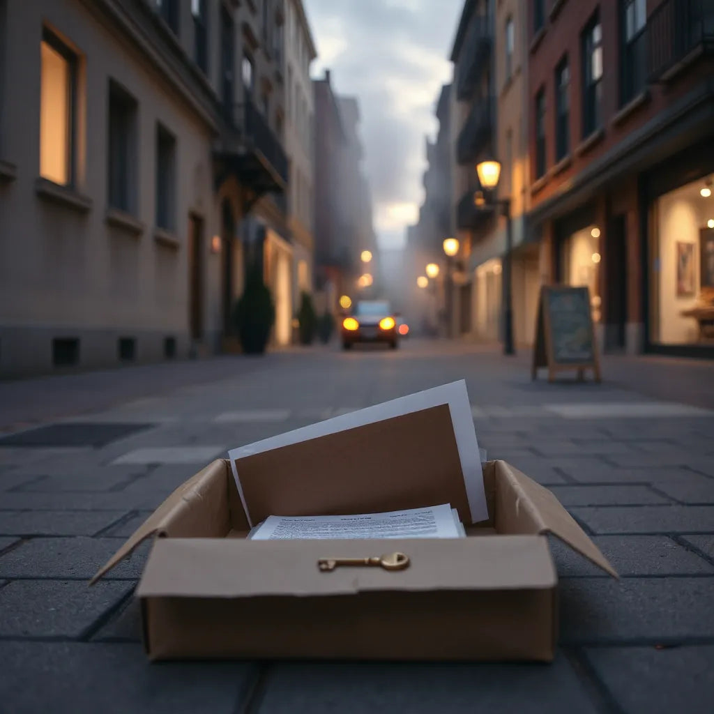 Partially opened mystery package with pages and a brass key on a city sidewalk at dusk