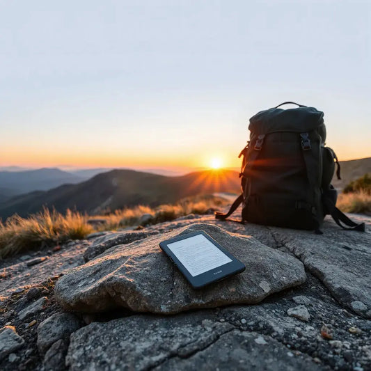 Backpack and e-reader on a rock in a mountain sunrise landscape