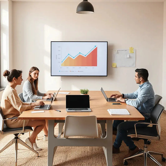 Marketing team reviewing growth charts on a laptop in a modern office meeting