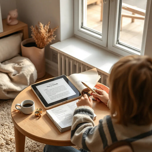 Cozy at-home reading setup with an open printed storybook and tablet showing a child-friendly page