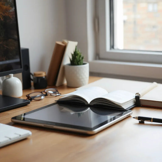 Tablet displaying an interactive flipbook with smoothly turning pages on a clean desk scene