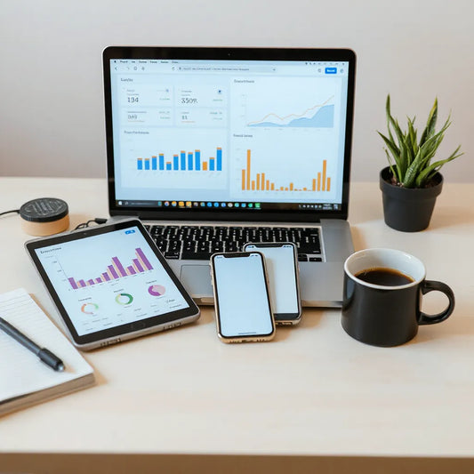 Laptop showing unlabeled e-commerce analytics charts on a clean desk with tablet and phone