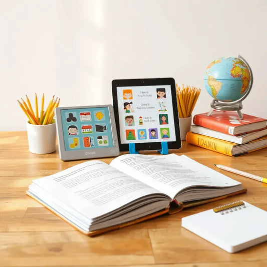 Open colorful book on a table beside a tablet with kid-friendly learning materials