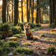 Friendly fox on a forest path beside a small stack of children’s books