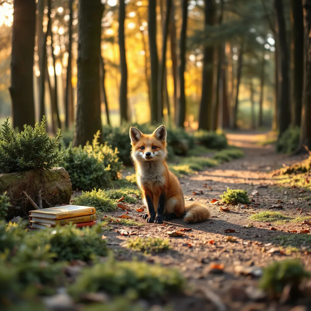 Friendly fox on a forest path beside a small stack of children’s books