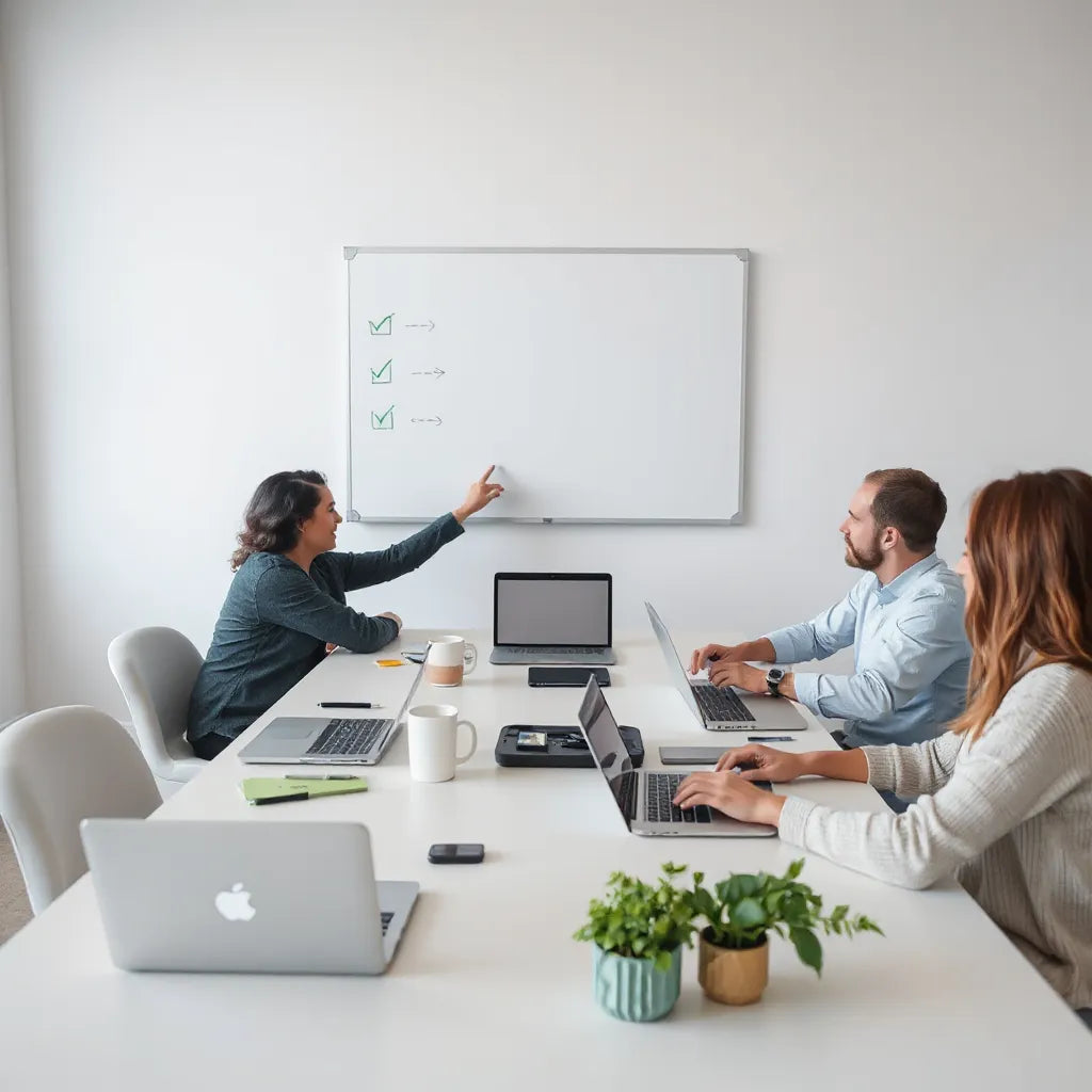 Team meeting with shared documents and a whiteboard showing simple arrows and checkmarks