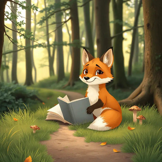 Friendly fox Basil sitting beside an open storybook in a quiet sunlit forest