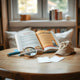 Open mystery book with a magnifying glass on a cozy table for young readers