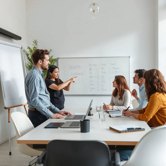 Diverse team members collaborating around a table with a shared whiteboard during a planning session