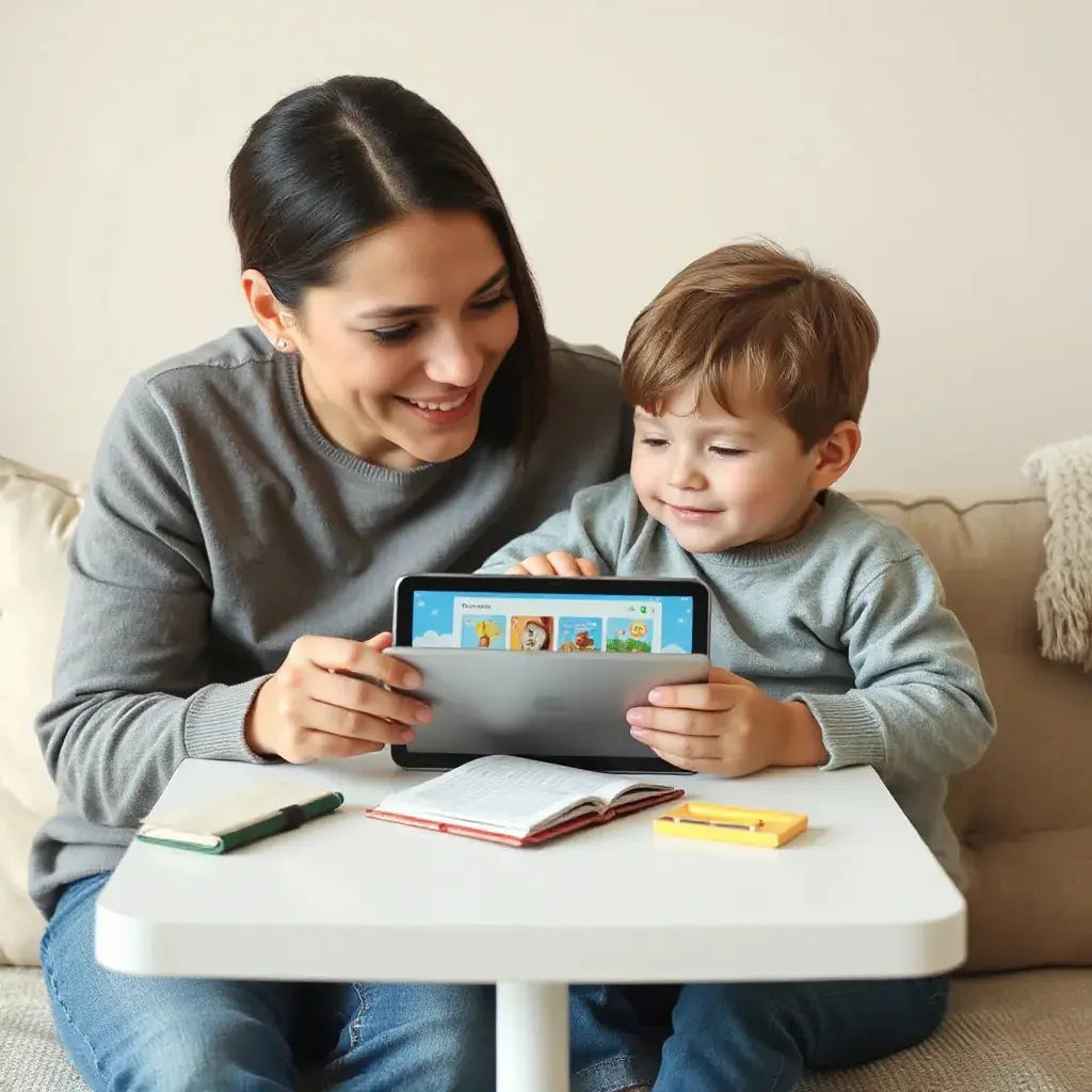Child and parent enjoying a tablet while reading colorful digital stories at a small table