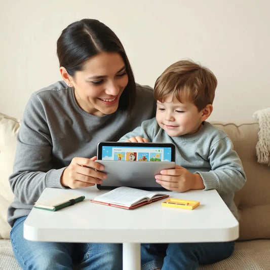 Child and parent enjoying a tablet while reading colorful digital stories at a small table