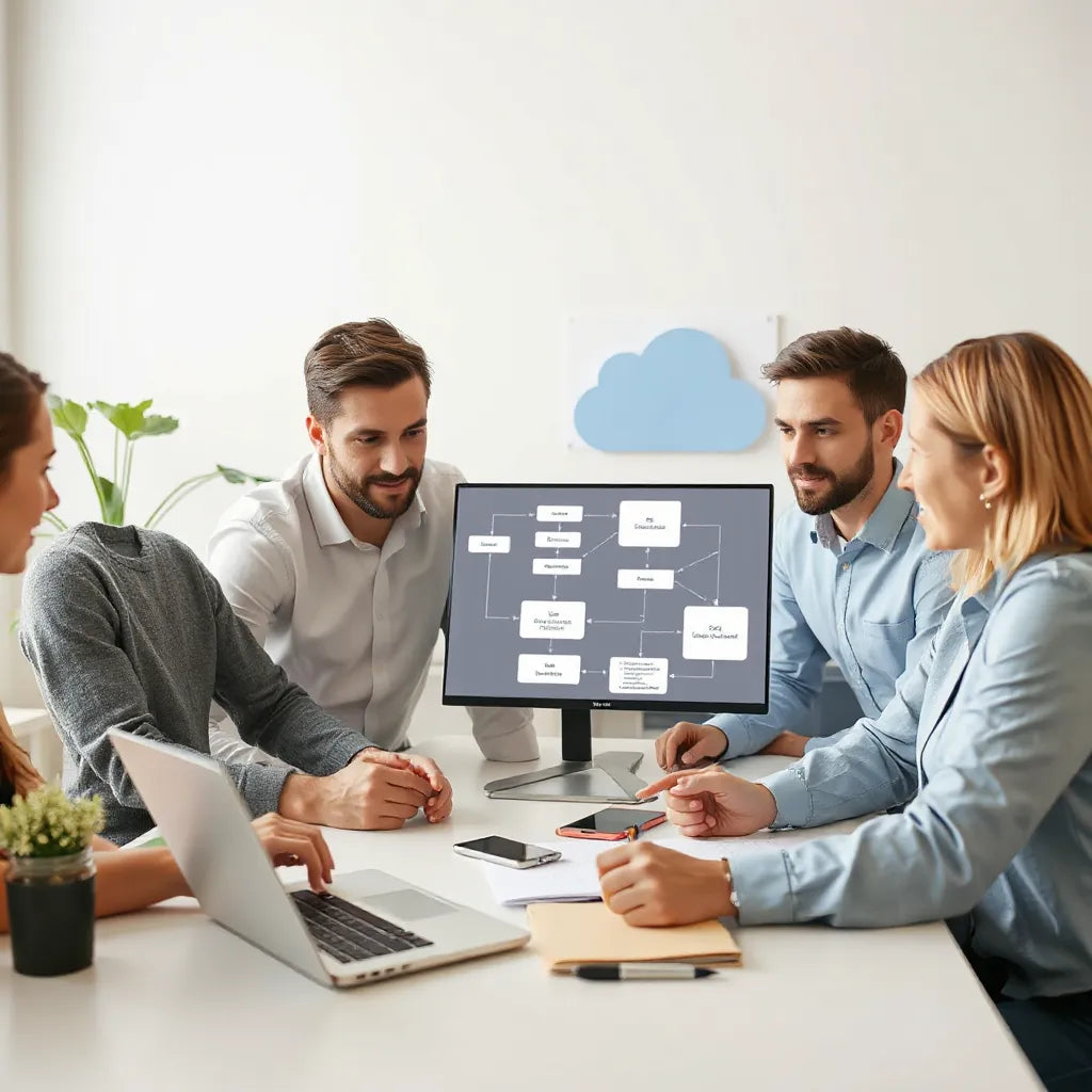 Team reviewing AI automation workflow diagrams on a laptop at a modern desk