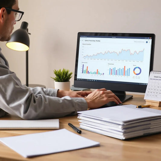 Agency owner reviewing laptop dashboard with revenue trend charts and client proposal folders on a clean desk