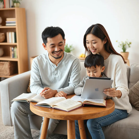 Parent and child studying books and a tablet at a small table in a bright living room