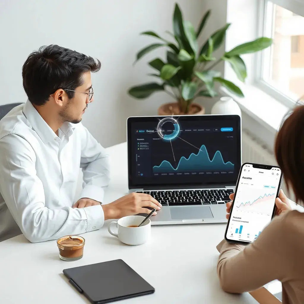 Marketing team reviewing AI-assisted analytics dashboards on laptop and phone in a modern office