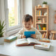 Child reading an educational e-book on a tablet with colorful books on a small table