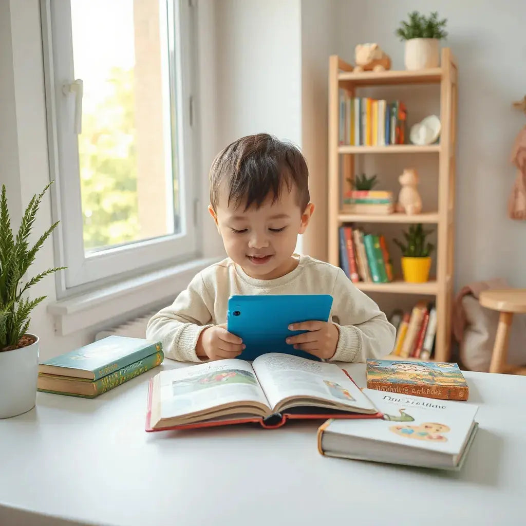 Child reading an educational e-book on a tablet with colorful books on a small table