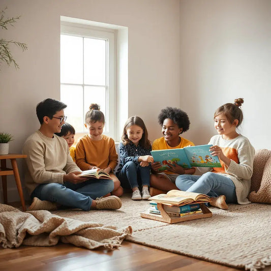 Children and an adult gathered in a cozy nook while reading a colorful picture book