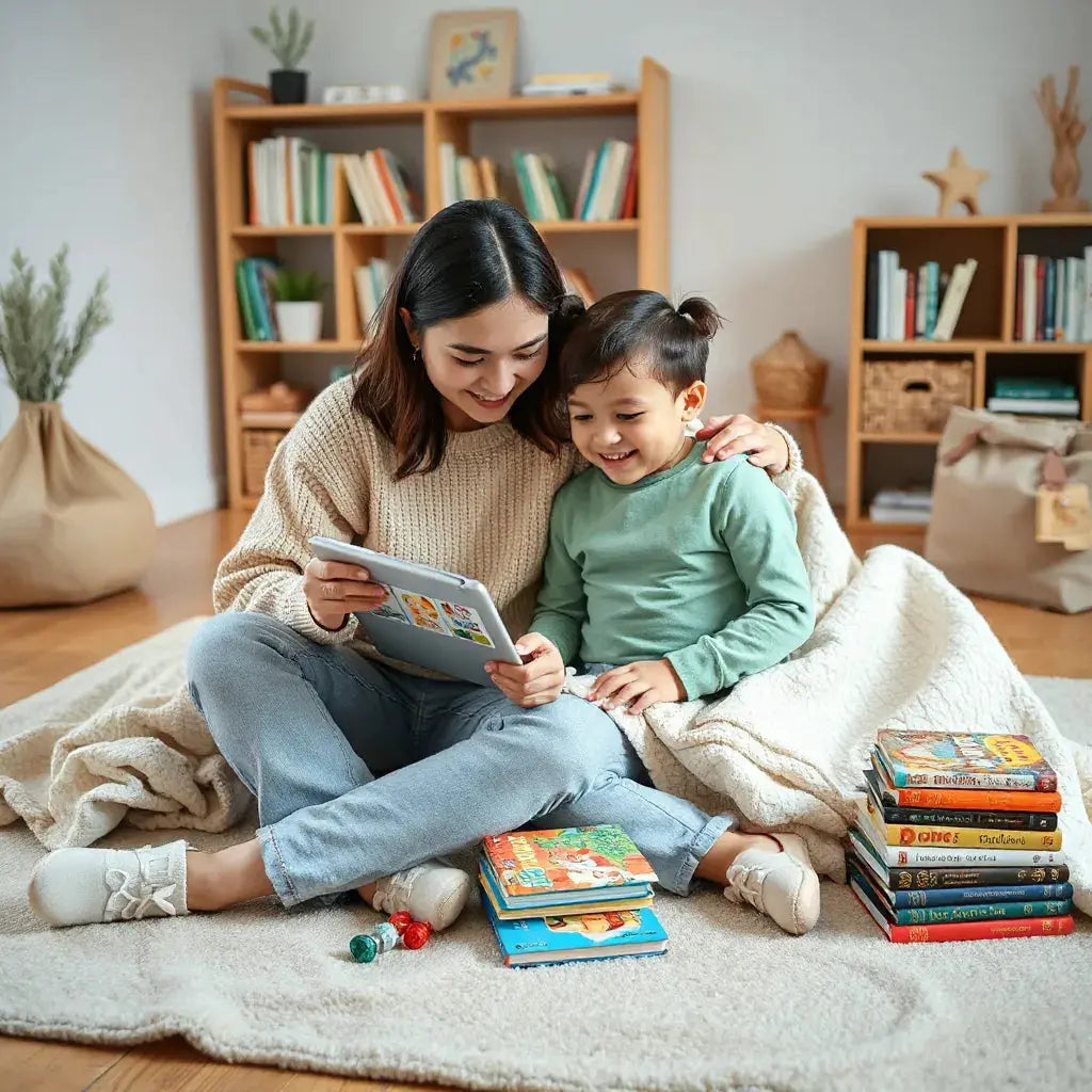 Parent and child reading together on a tablet with colorful kids’ book covers nearby