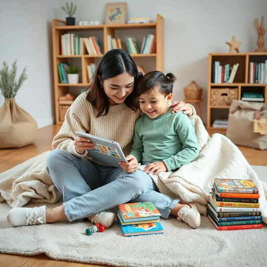 Parent and child reading together on a tablet with colorful kids’ book covers nearby