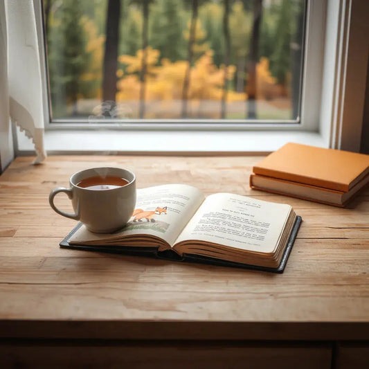 Cozy desk reading scene with open fox-themed books and warm tea light