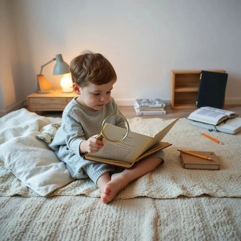 Child reading an open mystery book with a magnifying glass on a cozy floor