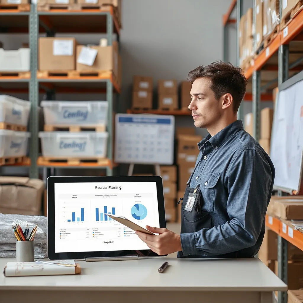 Warehouse shelves and a worker reviewing inventory planning on a tablet with stock flow visuals