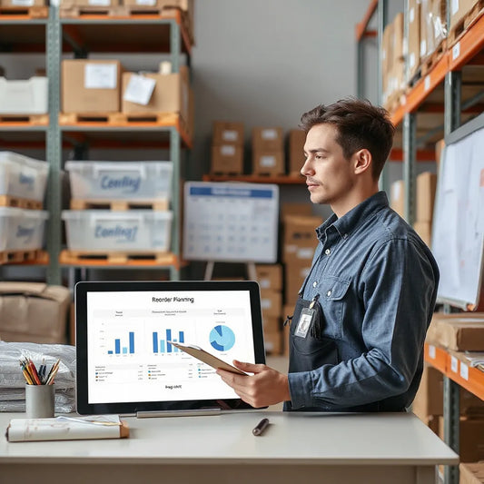 Warehouse shelves and a worker reviewing inventory planning on a tablet with stock flow visuals