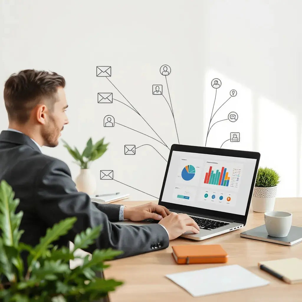 Person reviewing an automated workflow dashboard with connected icons for email, invoices, scheduling, and support