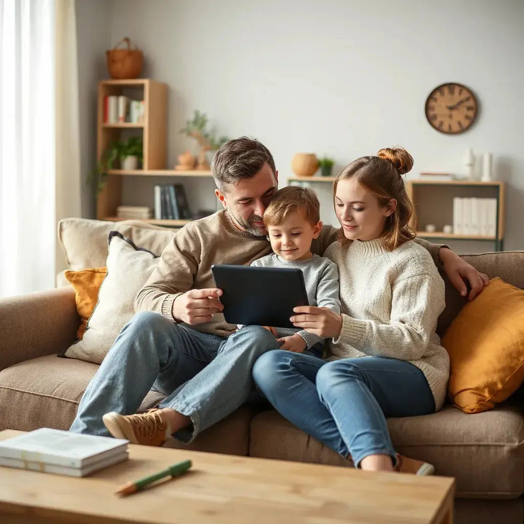 Parent and child sharing a tablet-based e-book at home in warm light