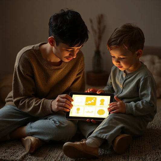 A tablet shows an interactive story while a caregiver and child lean in together, focused and engaged.