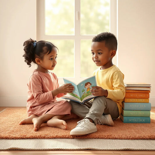 Two children sharing an open picture book in a cozy reading nook, smiling with a friendly, kind mood