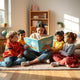 Children gathered around a storyteller reading an illustrated picture book in a cozy reading nook