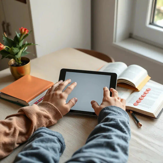 Parent and child using a tablet to read a storybook on a cozy desk