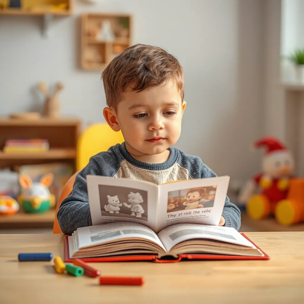 Child using an open interactive flipbook with colorful animated page panels at a table
