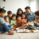 Children and a parent gather around a tablet during an interactive story session with story choice cards.