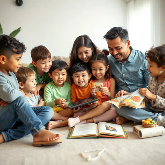 Children and a parent gather around a tablet during an interactive story session with story choice cards.