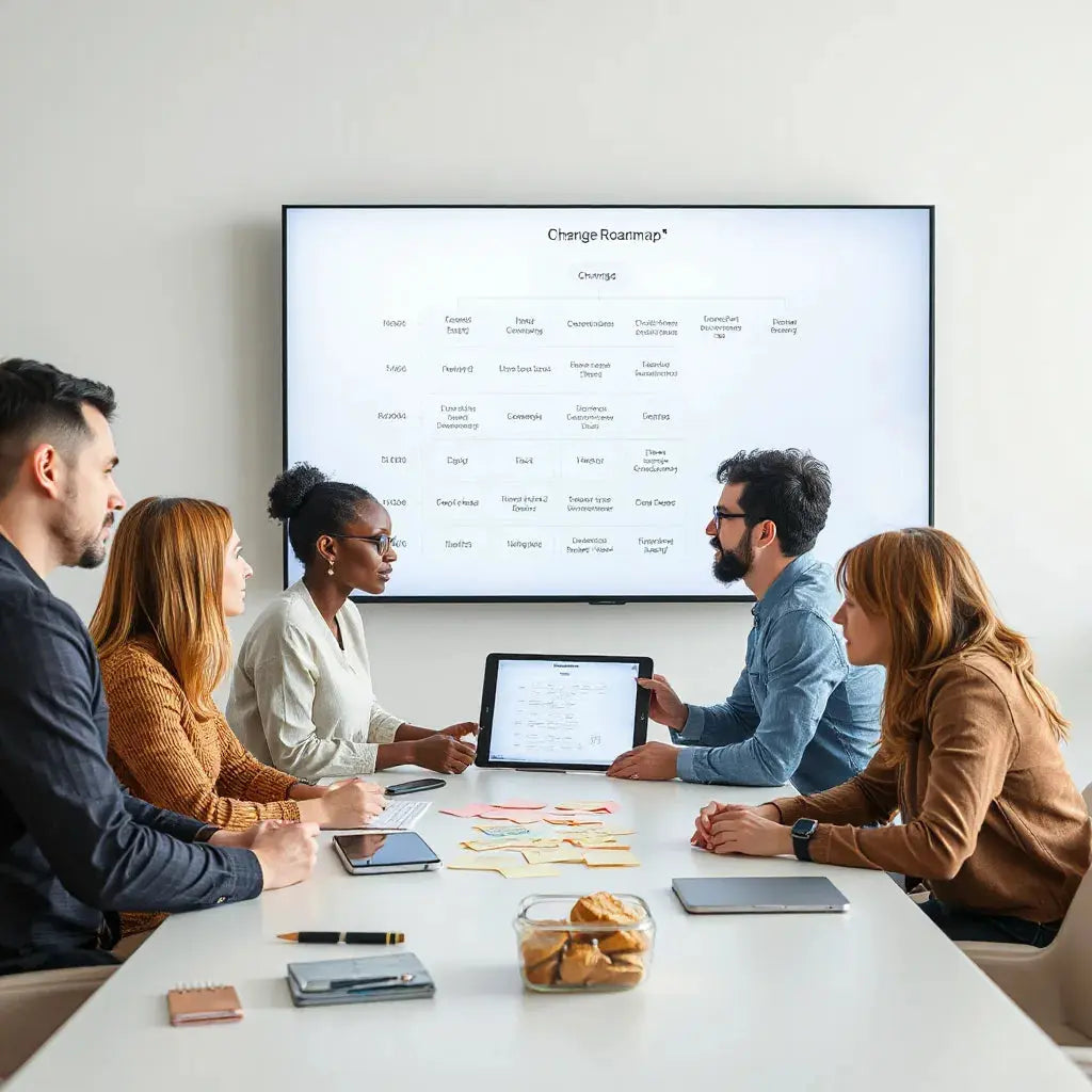 Diverse team reviewing a digital change roadmap on tablets in a modern office