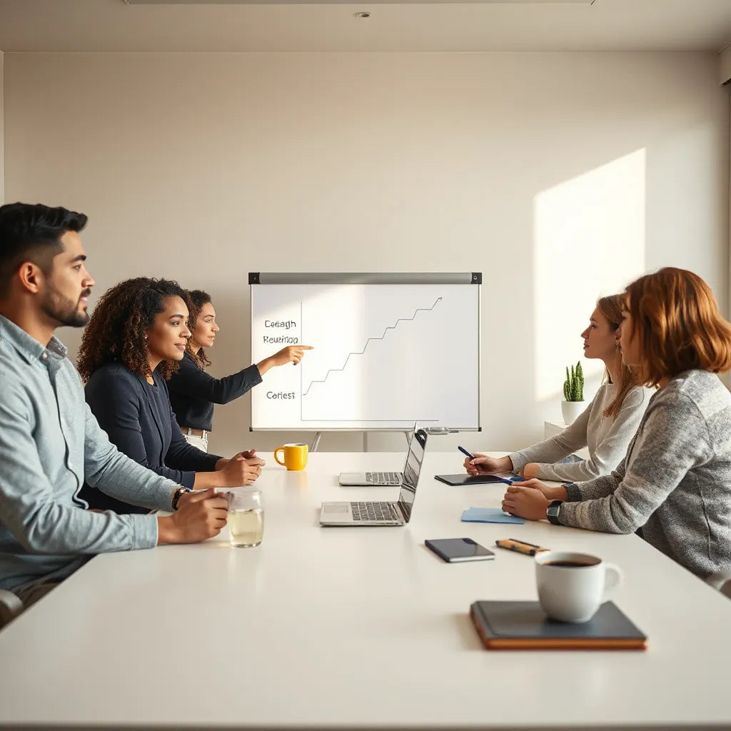 Team meeting with collaborative discussion and a blank roadmap on a whiteboard
