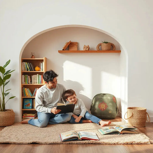 Parent and child reading together in a cozy nook with an ebook displayed on a tablet