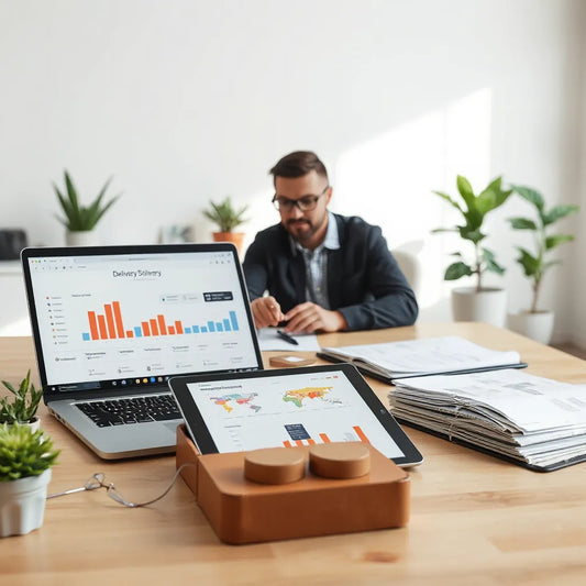 Project manager reviewing delivery dashboard on a laptop with workflow timeline graphics