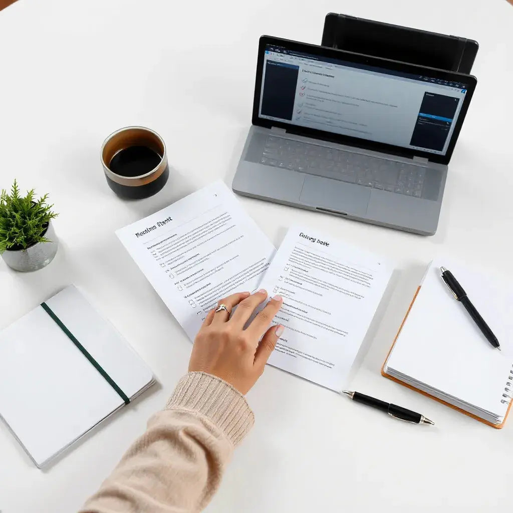 Person reviewing neatly organized drafts and a checklist on a clean desk