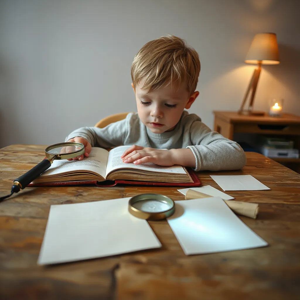 Child at a desk exploring an open book with a magnifying glass and clue cards