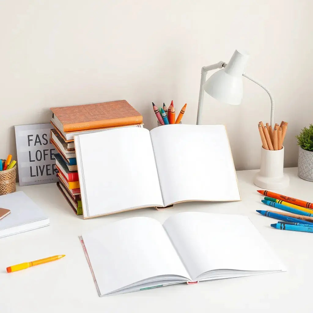 Stack of printable children’s e-books beside crayons and an open blank page in a bright reading desk scene