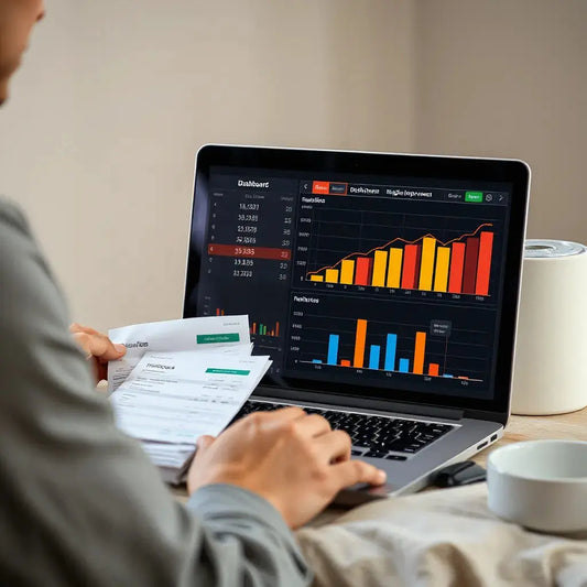 Business owner reviewing a laptop dashboard showing improved profit and margin trends on a desk with invoices