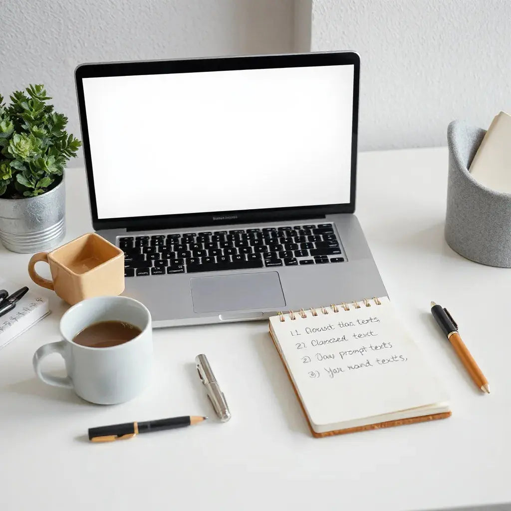 Laptop on a clean desk with a blank writing page and a notebook with simple prompt bullets